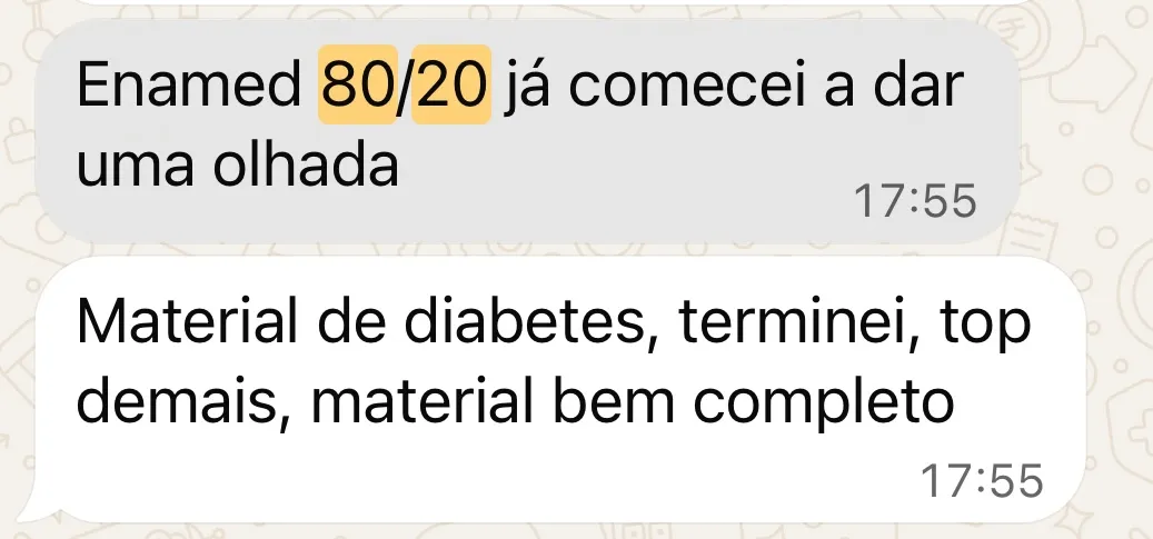 Mensagem de aluno: material de diabetes, terminei, top demais, material bem completo.