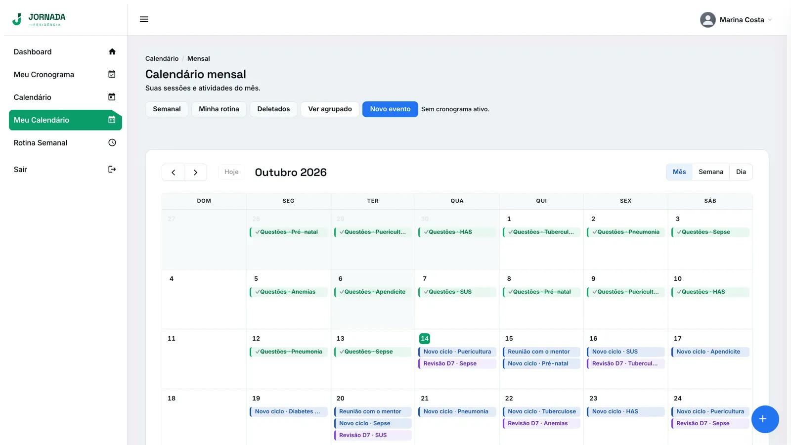 Calendário da plataforma Jornada Residência